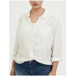Torrid Star Embroidered Button Down Shirt White Crinkle Gauze Plus Size 4